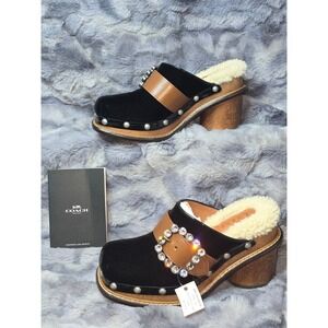 NWB COACH Peacock Clog Slide Velvet Shearling Buckle Wooden Heel Shoes Womens 5‎